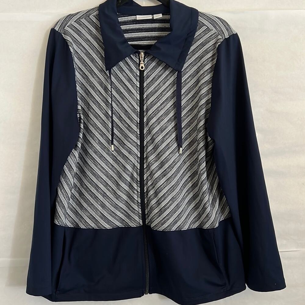 Weekends Chico’s Full Zip Knit Sweater Women’s Size L Jacket Casual Stretch Navy